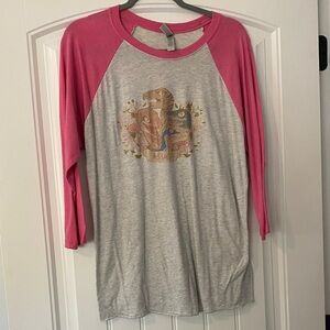 Next Level Apparel Pink and Gray Women's Raglan Jurassic World Top